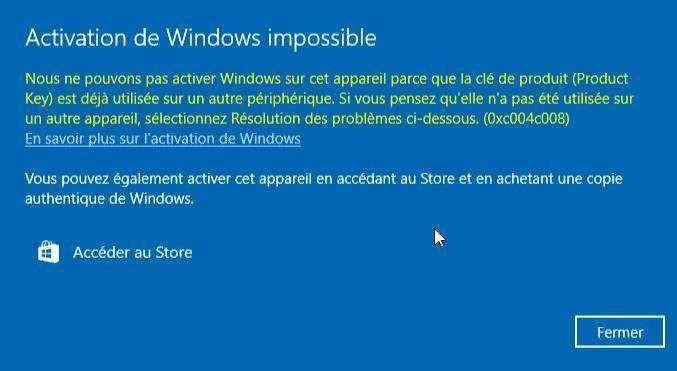 Message d'erreur activation
